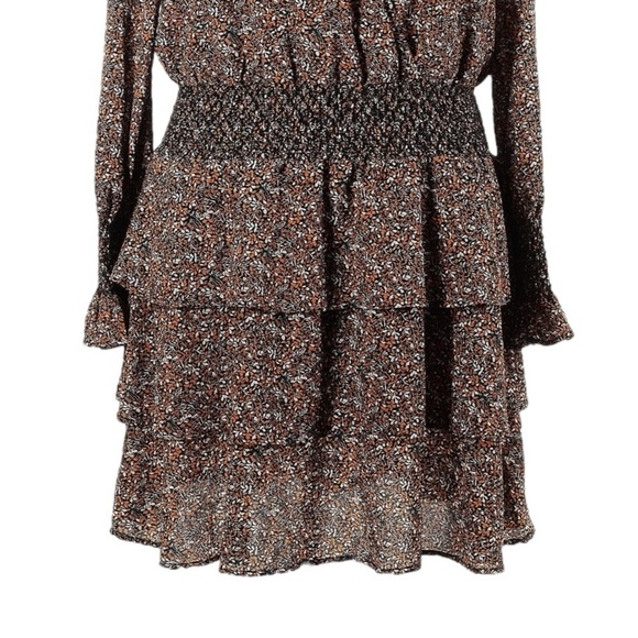 Michael Kors Faux Wrap Tier Ruffle Mini Dress XL NWT Floral Marigold Brown Boho - Picture 7 of 10